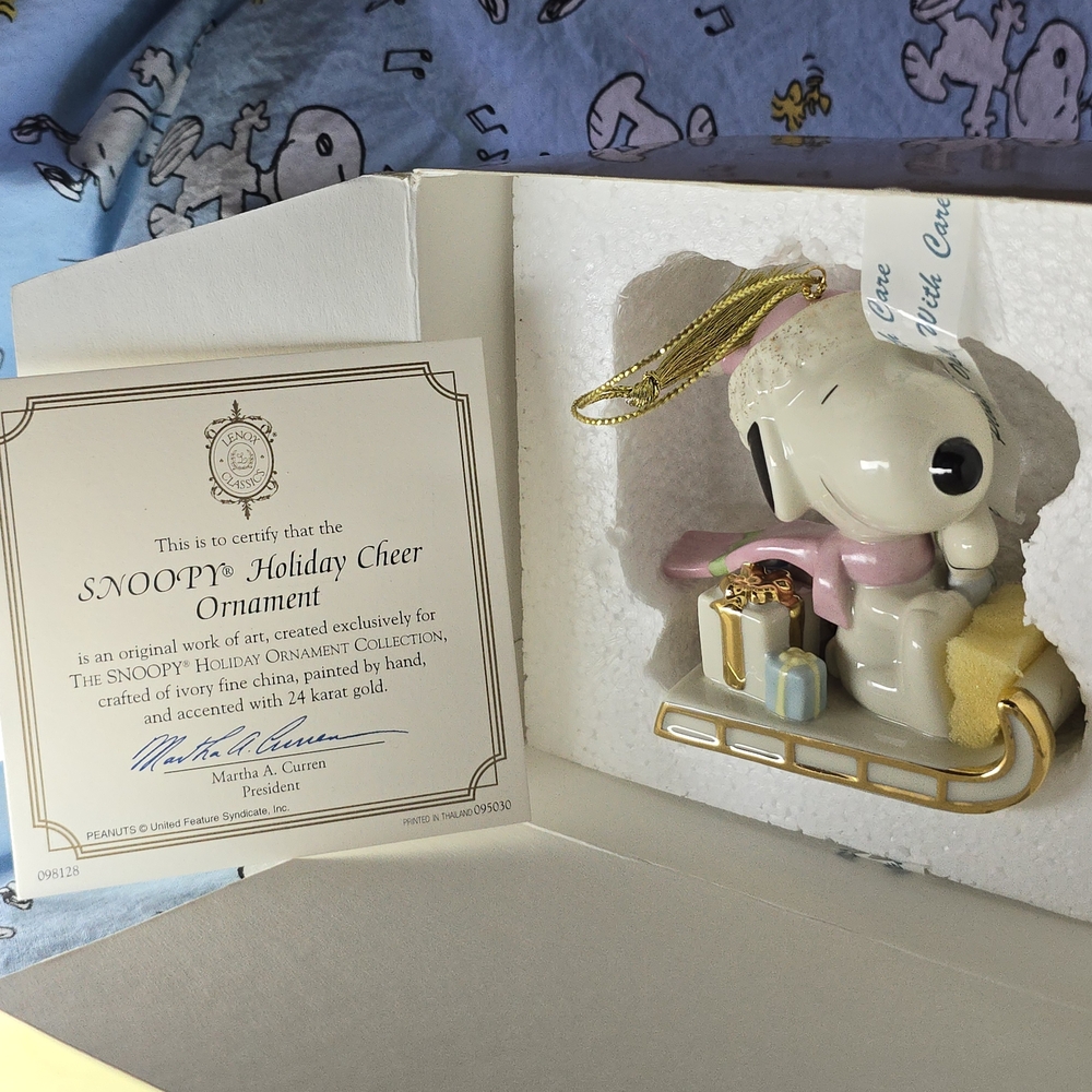 Lenox Snoopy Holiday Cheer Ornament - White, Pink, Gold